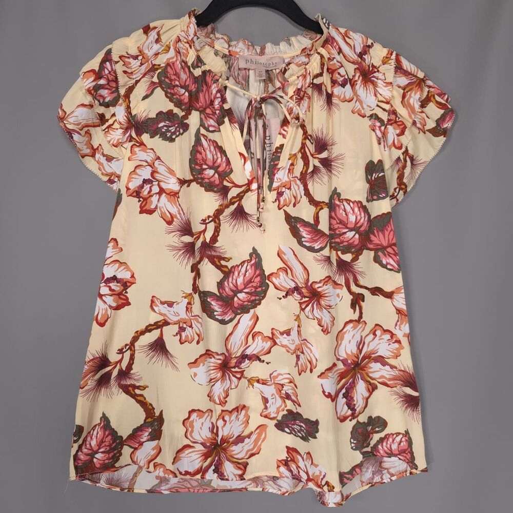 PHILOSOPHY Women’s New Top Blouse SMALL Petite Floral Print Multicolor Tie Neck